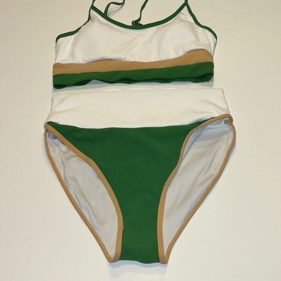 High Waisted Bikini Set for Women Color Block Striped Sporty Knit Ribbed Sz L - Picture 6 of 7